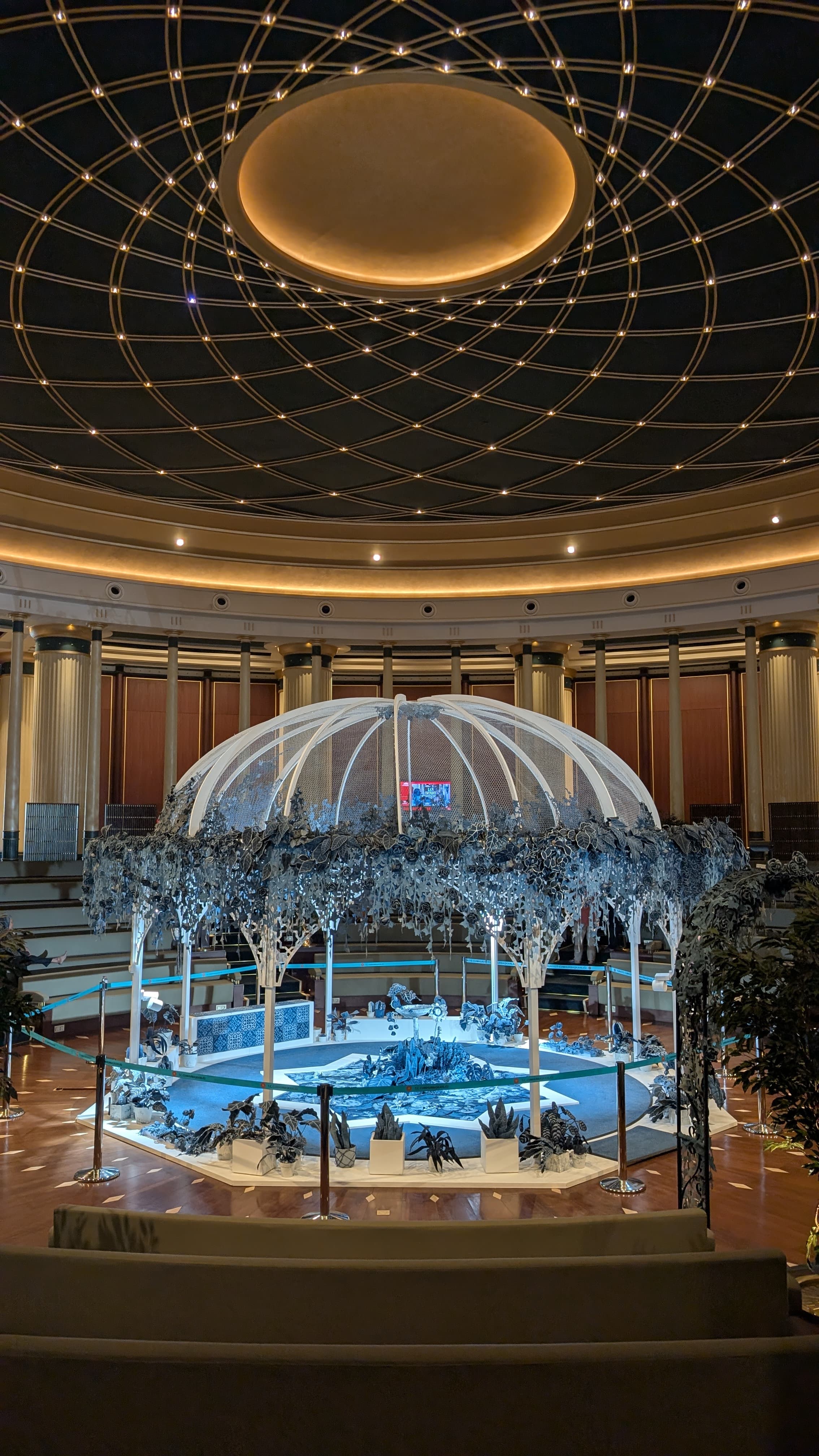 The Cihannüma Hall, the central reading dome of the Millet Kütüphanesi. Thirty-three metres high, white and pink marble, over five million volumes in 134 languages.