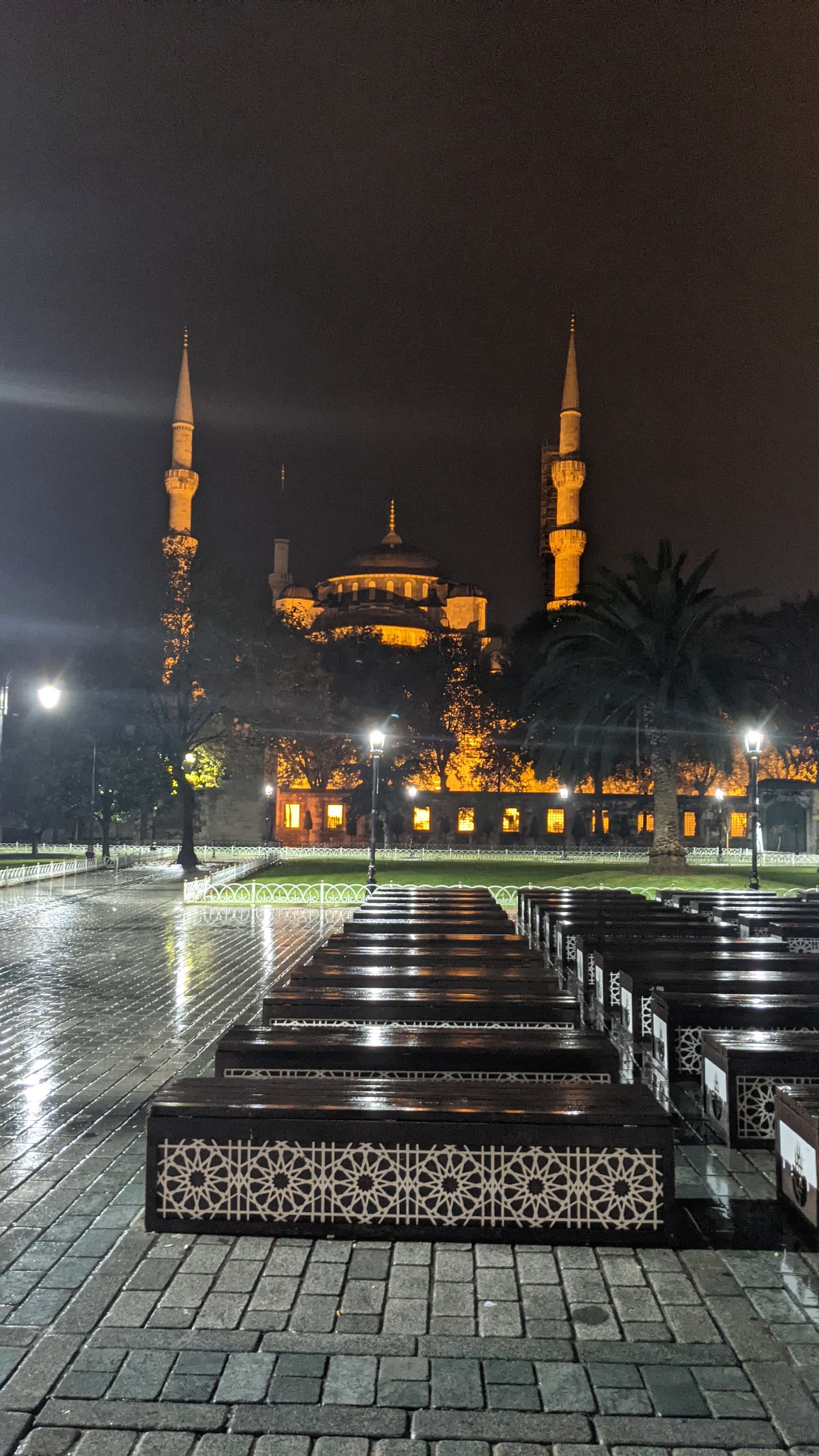 The mosques at night, from the street. The city glows differently after dark.