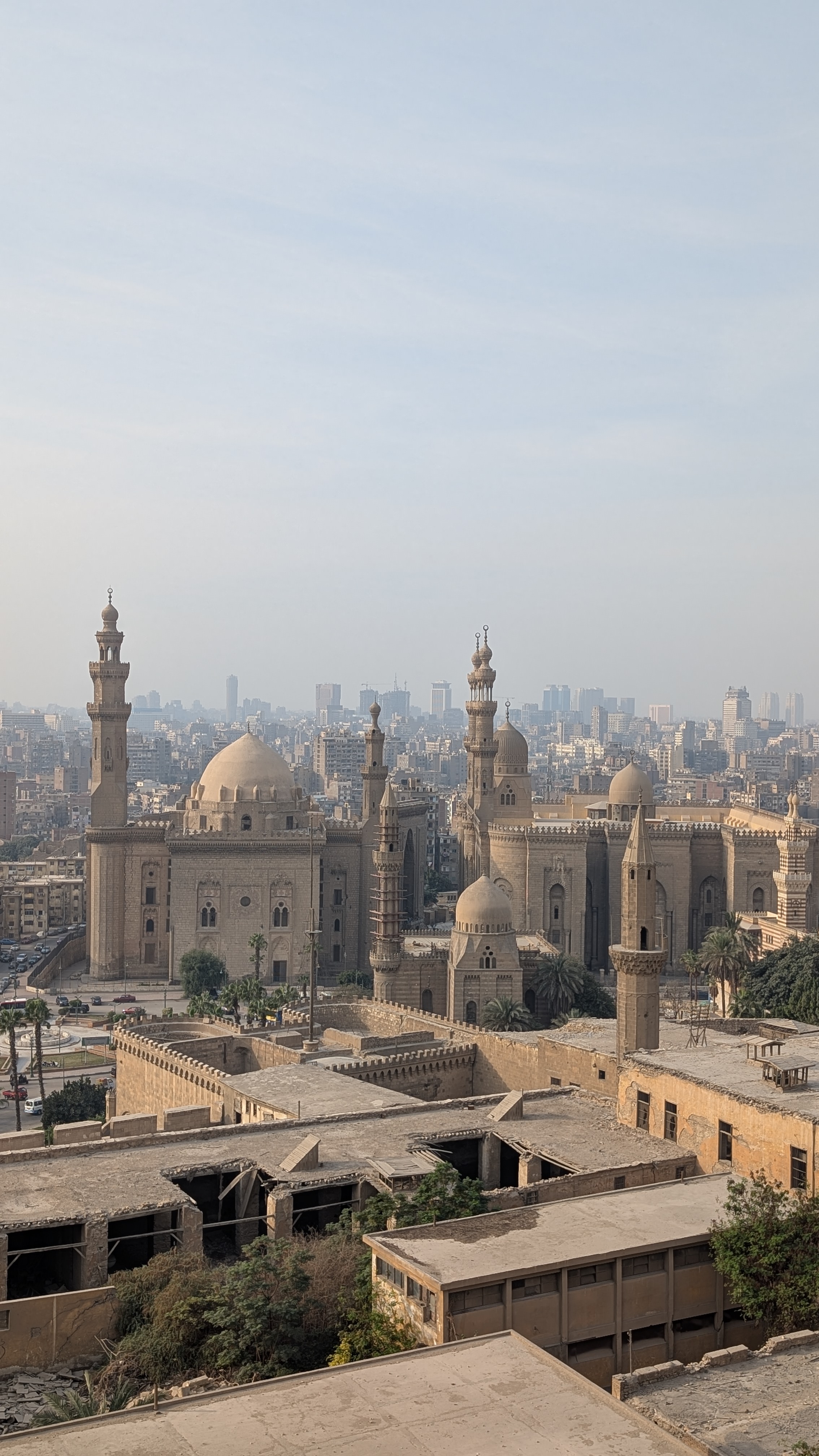 Cairo skyline with Sultan Hassan and Al-Rifa'i mosques viewed from the Citadel