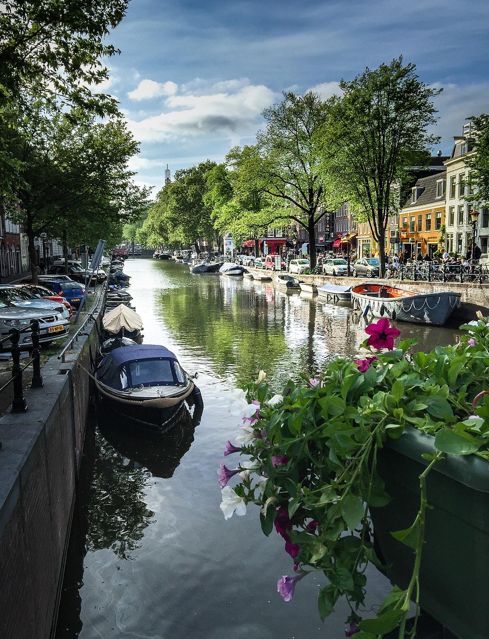Amsterdam neighbourhood street with parked bicycles and canal houses in the background