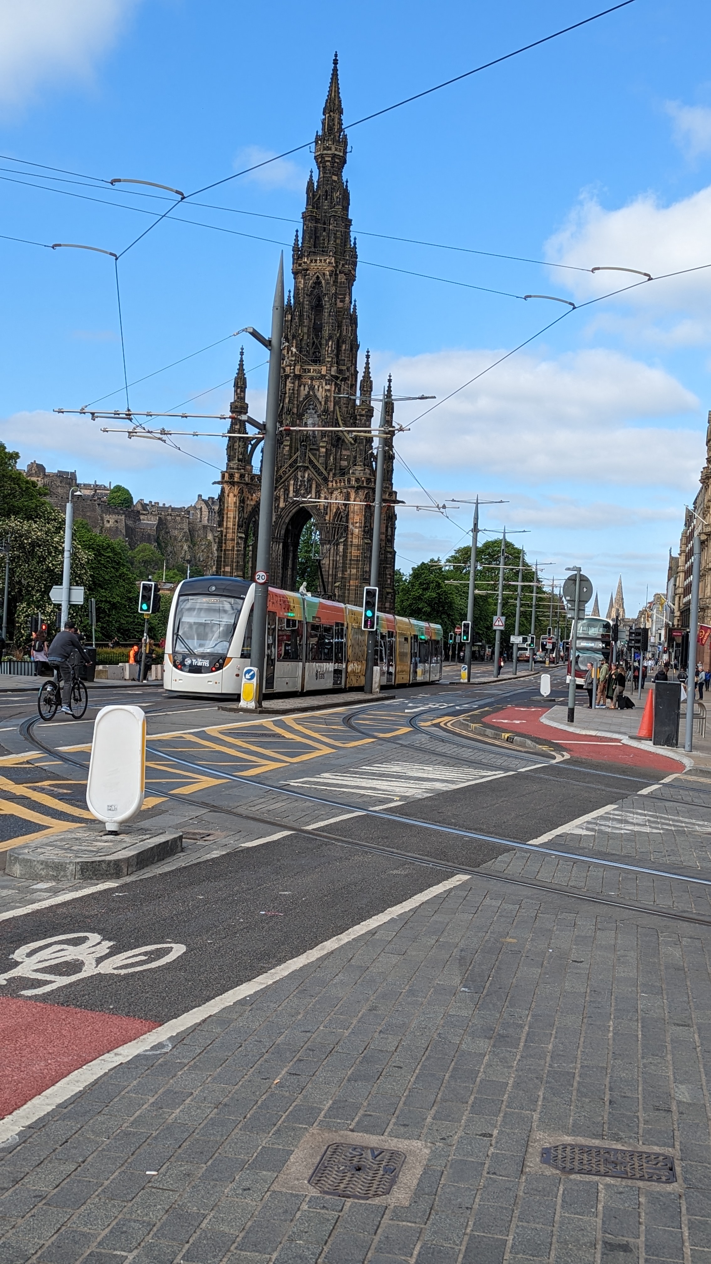 Princes Street with tram, Scott Monument, and Edinburgh Castle in a single frame