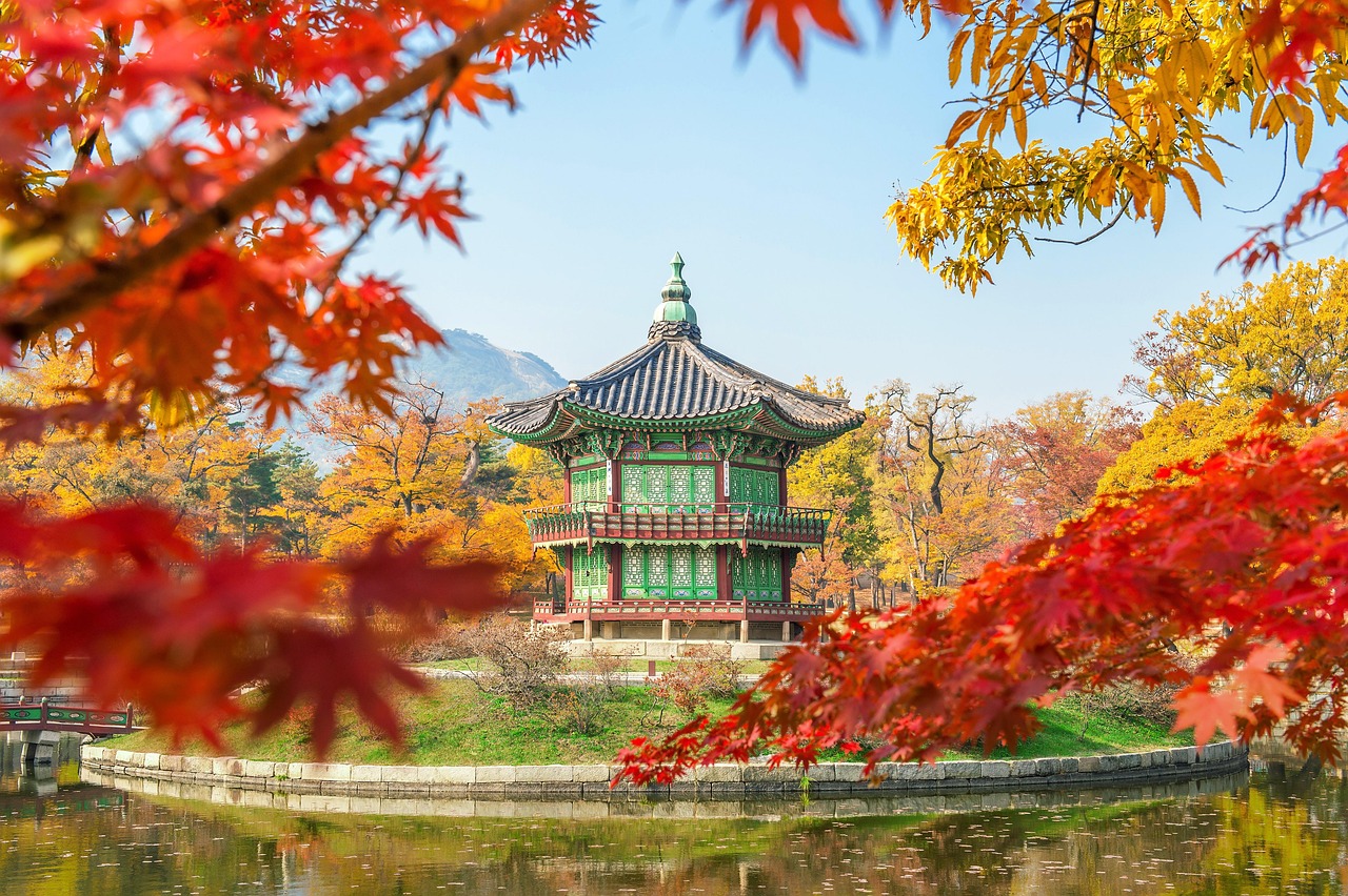 Seoul Gyeongbokgung Palace with Bugaksan mountain in the background on a clear winter day